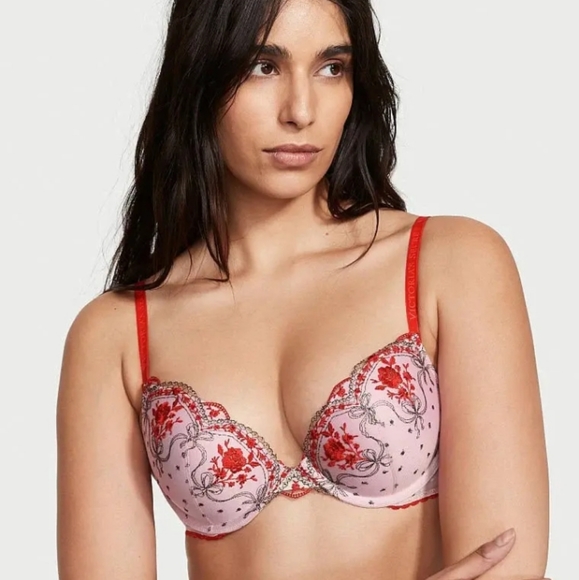V.S. 2pc Very Sexy "Lipstick Embroidered Rose" Push-Up Bra & Thong Set 32C-Small - Picture 5 of 8